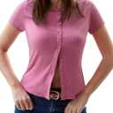 ZAFUL Women's Short Sleeve Shirt Crew Neck Button Down Cardigan T-Shirt Slim Fit Y2K Going Out Casual Fashion Tops