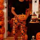 Male Halloween Sleep Loungewear Orange Scary Pumpkin Pyjama for Themed Party Black Colorful PJ's Pants Carnival Rave (L)