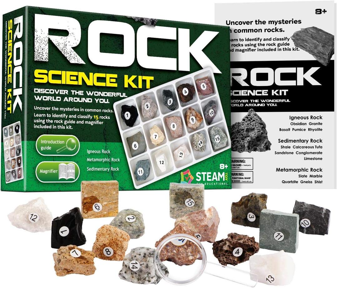 Rock & Stone Collection 15 PCS with Collector Box, STEM Toy Science Kit Geology Mineral Specimens Gift Presents for Kid Geologists