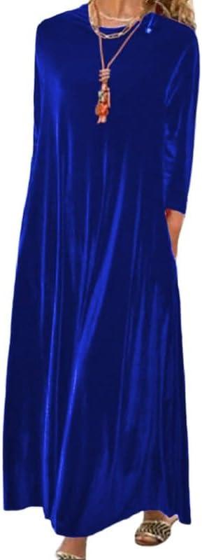 Melliflo Velvet Dress for Women Casual Crewneck Shirt Dresses Elegant Cocktail Long Sleeve Maxi Dress with Pocket (Blue, S)