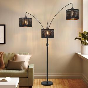 Dimmable Floor Lamp-3 Lights Arc Floor Lamps for Living Room,Modern Tall Standing Lamp With Black Drum Crystal Design Shades,Gothic Mid Century Tree Floor Lamp for Bedroom Corner,Bulbs Included
