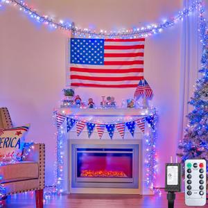 Brightown Red White Blue Lights, 500LED 25FT 4th of July Lights Patriotic Cluster String Lights 8 Modes Waterproof Memorial Day Decor for Indoor Outdoor Independence Day Patriotic Holidays