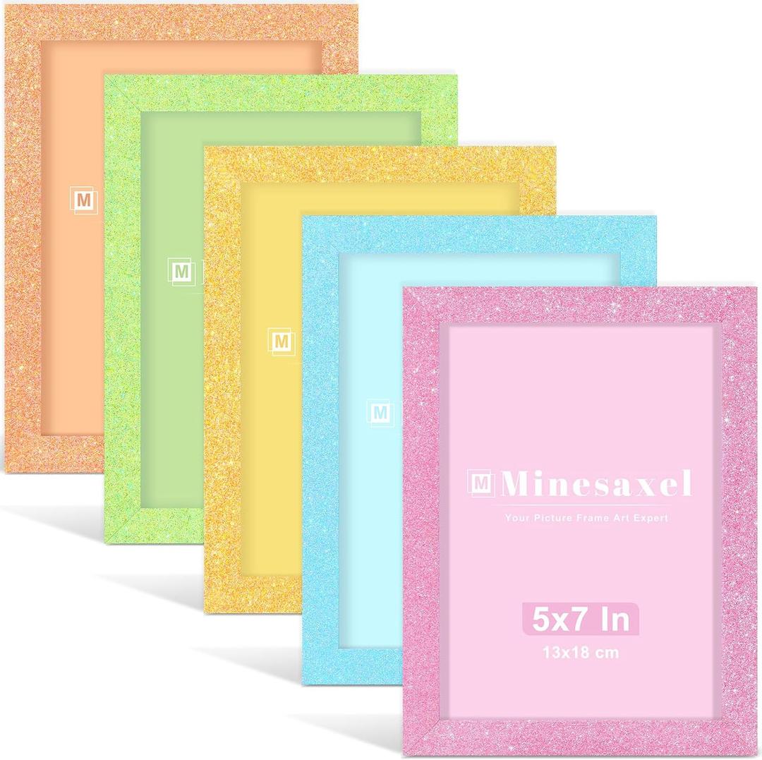 5x7 Colorful Picture Frame Set of 5, Wall Gallery 5 x 7 Glitter Photo Frames, Sparkle Cute Fun Artwork Frame for Wall or Tabletop