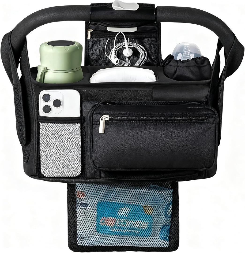 Universal Stroller Organizer with Insulated Cup Holder Detachable Phone Bag & Shoulder Strap, Bag Caddy Fits for Stroller like Uppababy, Baby Jogger, Britax, BOB, Umbrella & Pet Stroller