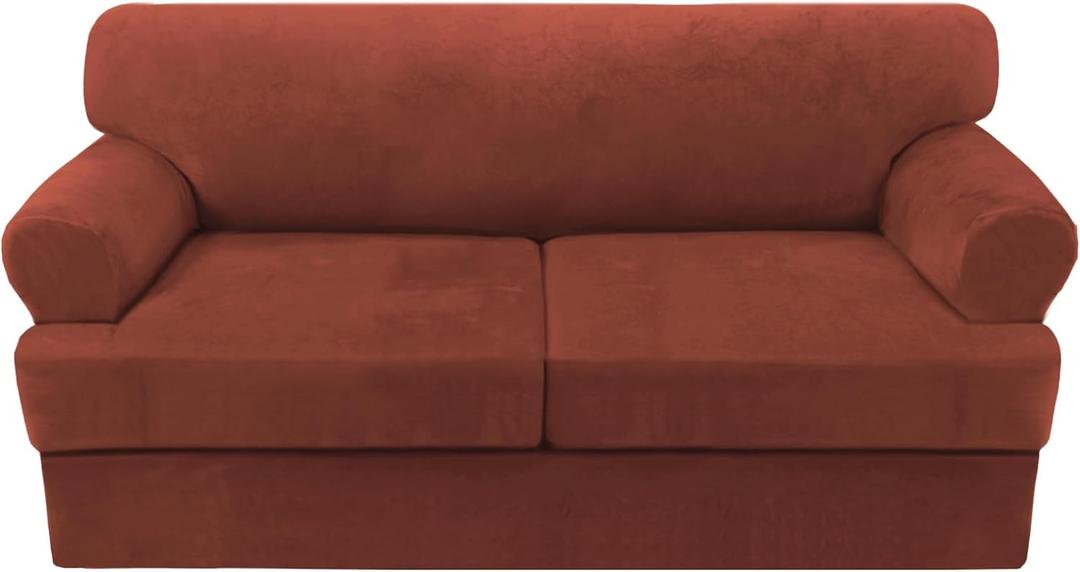 H.VERSAILTEX Sofa Cover 3 Piece T Cushion Loveseat Slipcovers Thick Velvet Couch Cover Stretch T Cushion Sofa Covers for 2 Cushion Couch with 2 Individual T Cushion Covers Washable, Rust