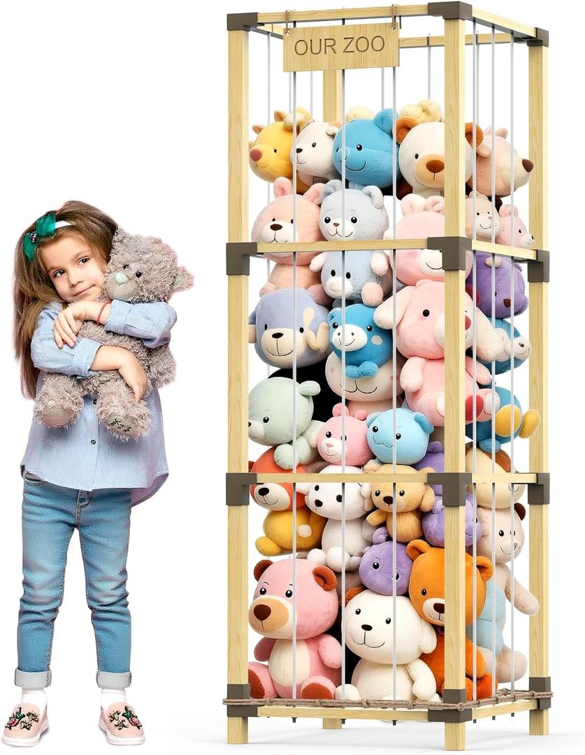 200L Stuffed Animal Zoo Storage, 3-Tier Extra Large Stuffed Animal Holder, Solid Bamboo Plushies Storage Tower with Mesh Pocket and Elastic Cords, Space Saver for Nursery Playroom Bedroom