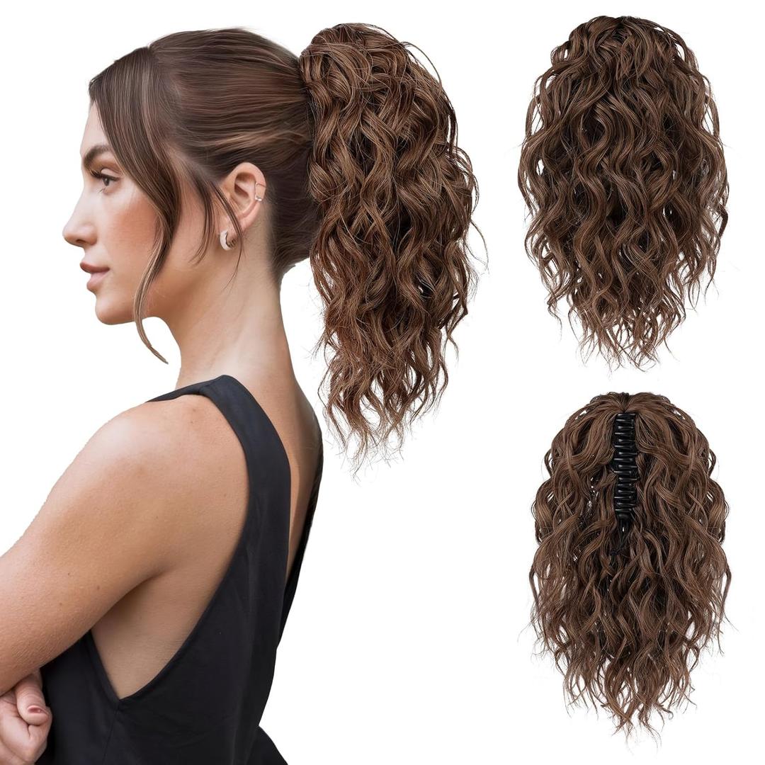 Flufymooz Ponytail Extension, 12" Short Claw Ponytail Extension Wavy Curly Jaw Clip in Pony tails Hair Extension Natural Synthetic Hairpiece for Women (Medium Chocolate Brown)