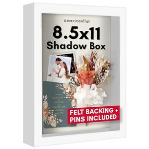 Americanflat 8.5x11 Shadow Box Frame with Shatter-Resistant Glass - Silhouette Collection - Large Shadow Box Display Case for Tabletop and Wall Display - White with Soft Felt Back