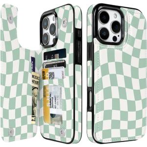 Compatible with iPhone 16 Pro Max Case Wallet with Card Holder, Flip PU Leather Built-in Card Slots, Kickstand and Shockproof Case for iPhone 16 Pro Max 6.9 inch Women Men (Green Checkerboard)