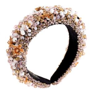 Crystal Padded Headband for Women Handmade Pink Acrylic Beaded Headband Boho Small Flower Embellished Hair Band Black Velvet Hair Hoop (pink headband)