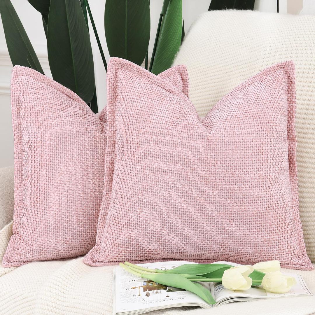 MADIZZ Chenille Velvet Throw Pillow Covers with Flange Set of 2 Super Soft Boho Textured Pillow Covers Decorative Throw Pillowcases Modern Farmhouse Home Decor for Sofa Bedroom Pink 24x24 Inch