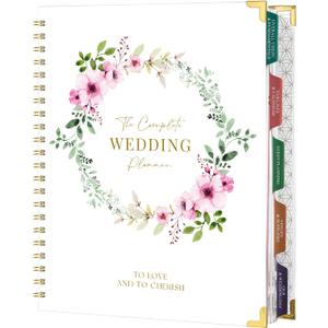 Wedding Planner for Bride - Wedding Planning Book and Organizer, 8.5" x 11" with Tabbed Sections, Metal Corner, 5 Inner Pockets, Sticker, Wedding Countdown Calendar (White-Floral)
