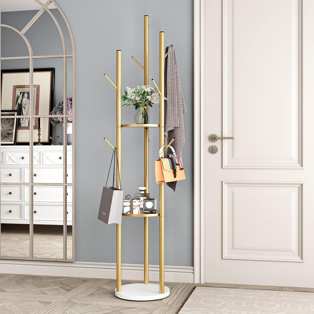 DOORXIFO Metal Gold Coat Racks Freestanding, Coat Hanger Stand, Hall Tree Rack for Hanging Hats, Scarves, Bags, Modern Coat Rack with Double Shelves, Corner Coat Rack, 9 Hooks, Gold