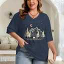 HDLTE Plus Size Tops for Women Oversized Graphic Tshirt V Neck Summer Tees Short Sleeve Casual Loose Fit Blouses (Blue, XXL)