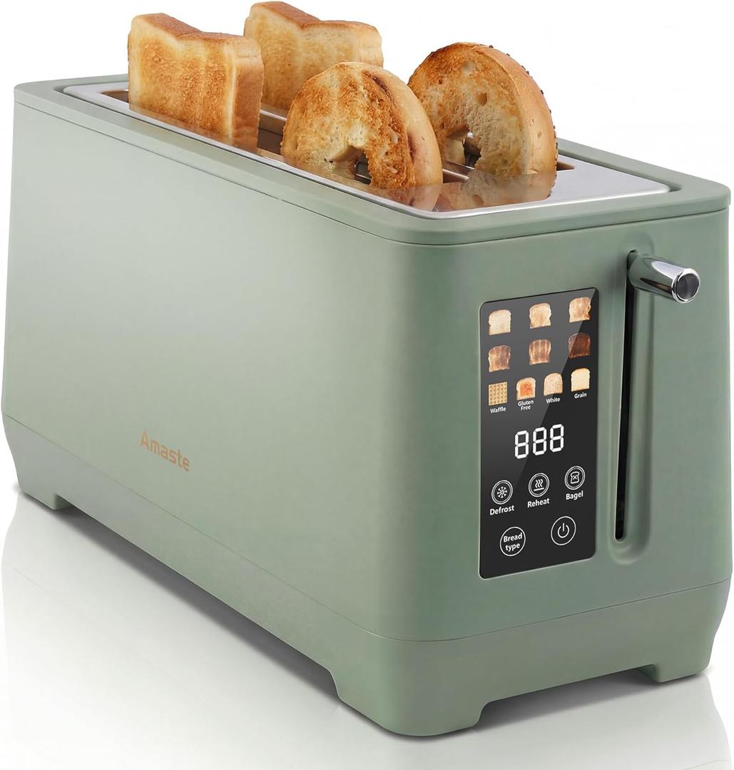 4 Slice Toaster, Long Slot Touch Screen Retro Toaster with Digital Countdown, Extra-Wide Slots for Bagels & Bread, 6 Browning Levels, 5 Bread Modes, Defrost Reheat Cancel, Stainless Steel (Green)
