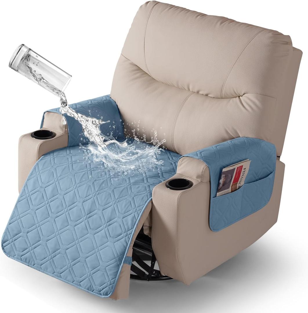 VANSOFY Recliner Chair Covers 100% Waterproof Seat Cover with Arm Reclining Cover Non-Slip Recliner Chair Covers Furniture Protector Washable Slipcover with Pocket for Pets, Dogs(Azuree, 25")