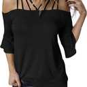 Womens Spaghetti Straps Cold Shoulder Shirts Casual Half Sleeve Tops (Large, Black)