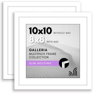 Americanflat 10x10 Picture Frame with Polished Plexiglass - Set of 2 - Use as 8x8 Frame with Mat or 10x10 Frame Without Mat - Galleria Collection - Gallery Frames for Tabletop and Wall Display - White