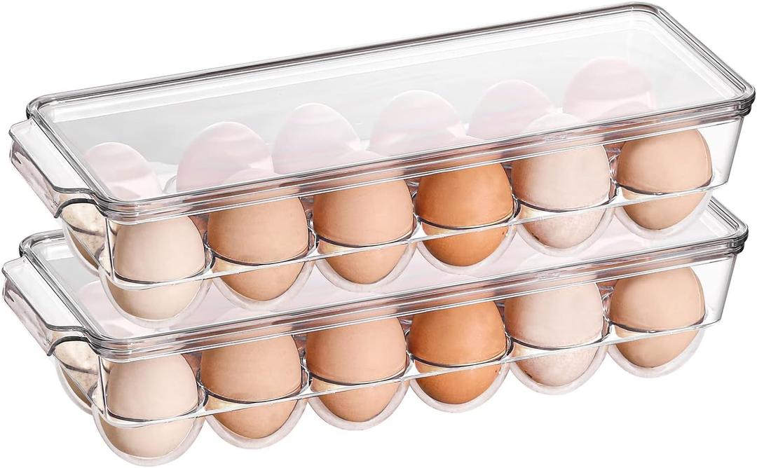 Sooyee 2 Pack Egg Holder for Refrigerator, Plastic Egg Storage Container, Fridge Egg Organizer, Clear Refrigerator Organizer Bins with Lids, Stackable Tray Holds 12 Eggs
