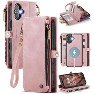 Defencase for iPhone 16 Plus Magnetic Wallet Case Compatible with Magsafe with RFID Blocking Zipper Strap Card Holder for Women Men PU Leather Detachable Case for iPhone 16 Plus (6.7 inch), Rose Pink