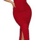 Narecte Women's Midi Bodycon Dress Sexy Ruched Club Party Dress Sleeveless Elegant Cocktail Dresses Extra Large, Red
