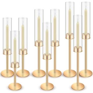 Yungyan 9 Pcs Gold Candlestick Holders Clear Glass Hurricane Candle Holder Bulk Vintage Candelabra Taper Tall Glass Hurricane Candle Cover for Christmas Wedding Table Centerpiece Decor
