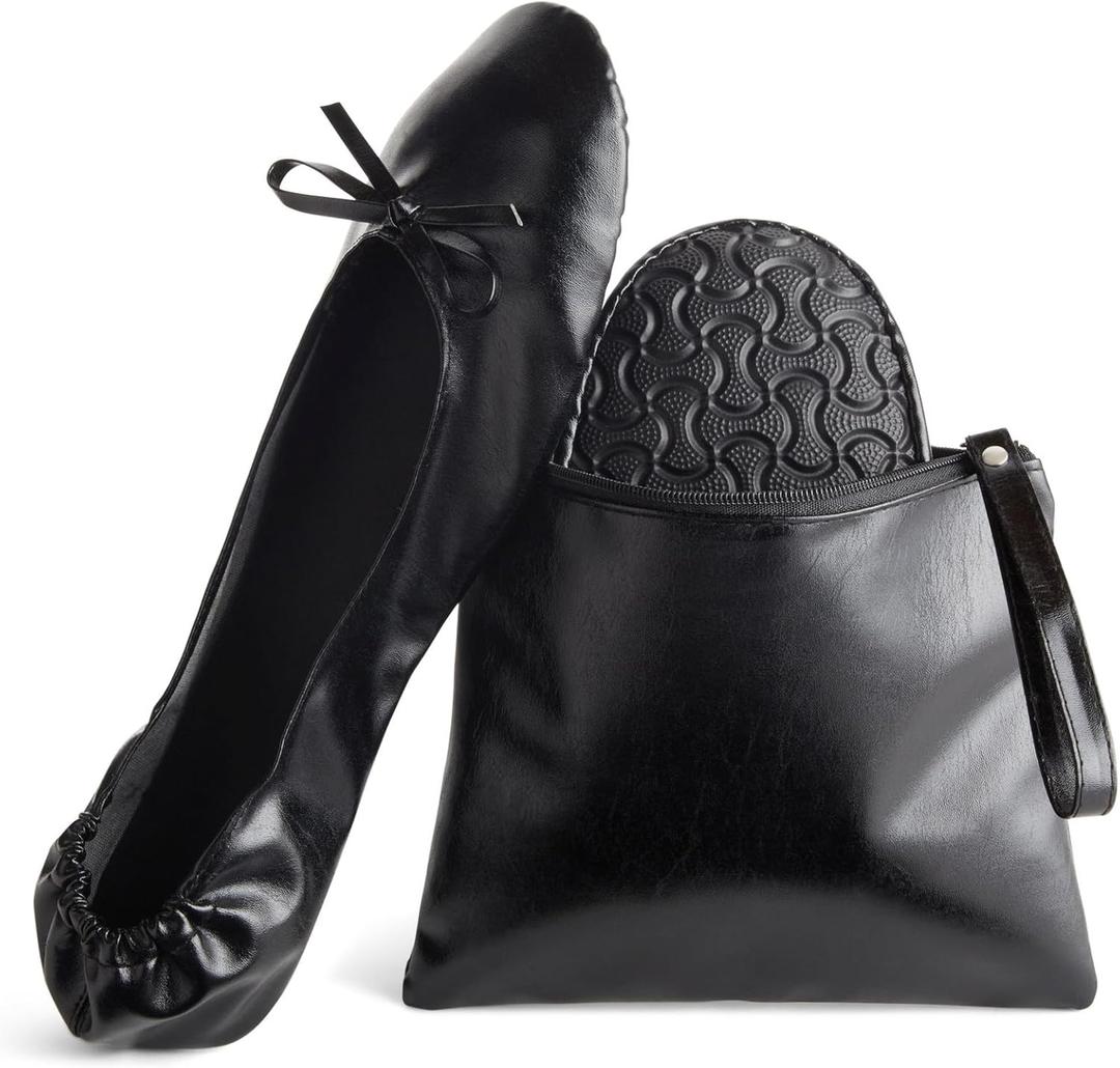 Foldable Ballet Flats - Women's Portable Ballerina Roll up Shoes (8.5-9.5, Black)