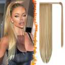 BARSDAR Light Ash Blonde Mix Straight Ponytail Extension - 26 Inch Long Straight Wrap Around Ponytail for Women, Clip in Ponytails Hair Extensions Synthetic Blonde Pony Tails Hairpieces Daily
