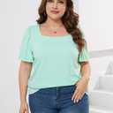 Womens Plus Size Tops Square Neck Puff Short Sleeve Loose Fit Casual Solid Summer Tee T Shirts (1X-5X)
