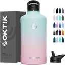COKTIK 128 oz/One Gallon Water Bottle Insulated, Double Walled Vacumm Metal Stainless Steel Sports Water Bottle with Reusable 2 Lids for Sports, Gym, Fitness or Office(Bubble Gum)