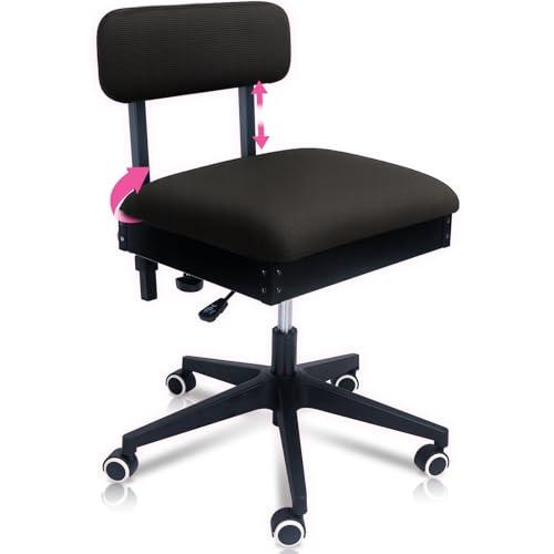 Pink Power Sewing Chair with Wheels and Adjustable Back Support - Hydraulic Armless Machine Chair for Crafting, Quilting, Artists - Sewing Room Furniture - Ergonomically Designed Professional (Black)