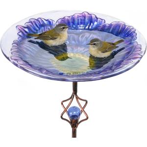 MUMTOP Solar Bird Bath for Outdoors with LED Lights, Glass Bowl Metal Stake Garden Bird Bath with Anti-Rust Iron Stand, Glowing Bird Feeder Water Station for Yard Lawn Patio Dcor, 30 Inch Height Blue
