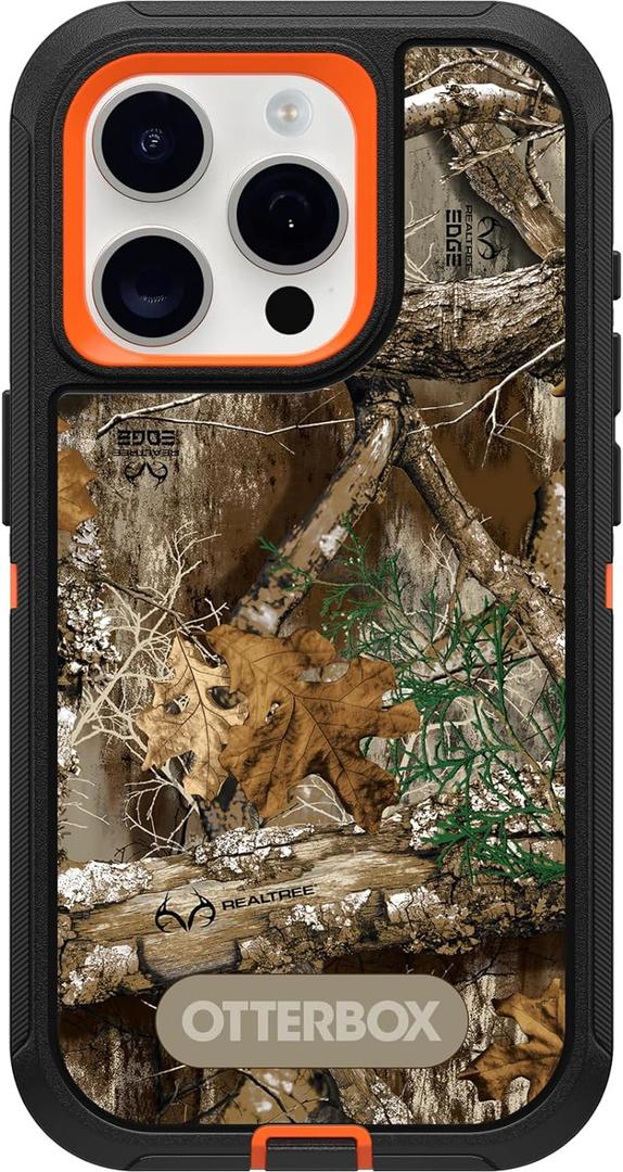 OtterBox iPhone 15 Pro (Only) Defender Series Case - Realtree Edge (Blaze Orange/Black/RT Edge), Rugged & Durable, with Port Protection, Includes Holster Clip Kickstand