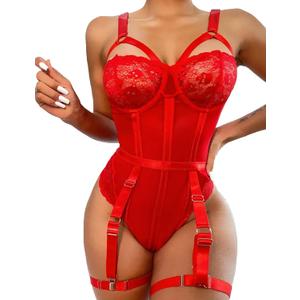 Avidlove Lingerie Sets for Women Sexy Lace Skull Corset with Garter Belt One Piece Teddy Bodysuit (1 True Red, XL)