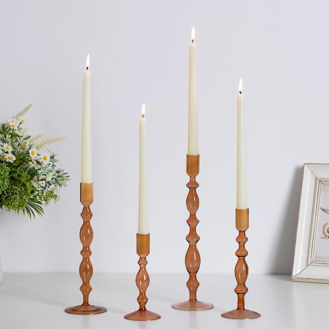 Hewory Glass Candle Holder Set: 4PCS Amber Glass Candlestick Holders Vintage Taper Candle Holders for Candlesticks, Unique Candle Sticks Holder Decor for Table Dinner Festival Events Decorations