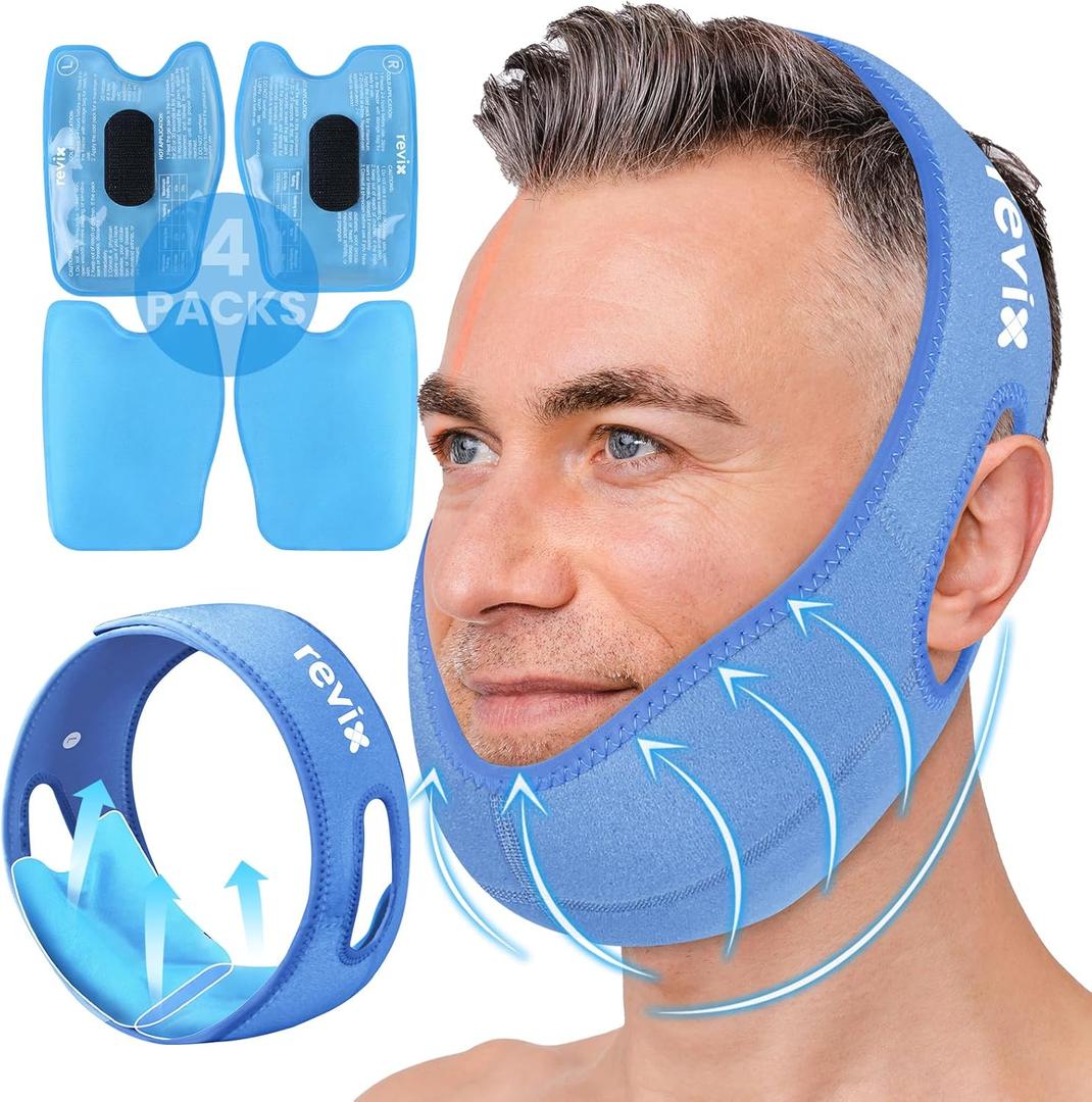 REVIX Face Ice Pack for Wisdom Teeth, 3D Sewing Ice Pack Head Wrap for TMJ Discomfort, Jaw Soreness, Dental Caries and Tooth Extraction, Extra Snug Fit with 4 Hot and Cold Pads, Blue