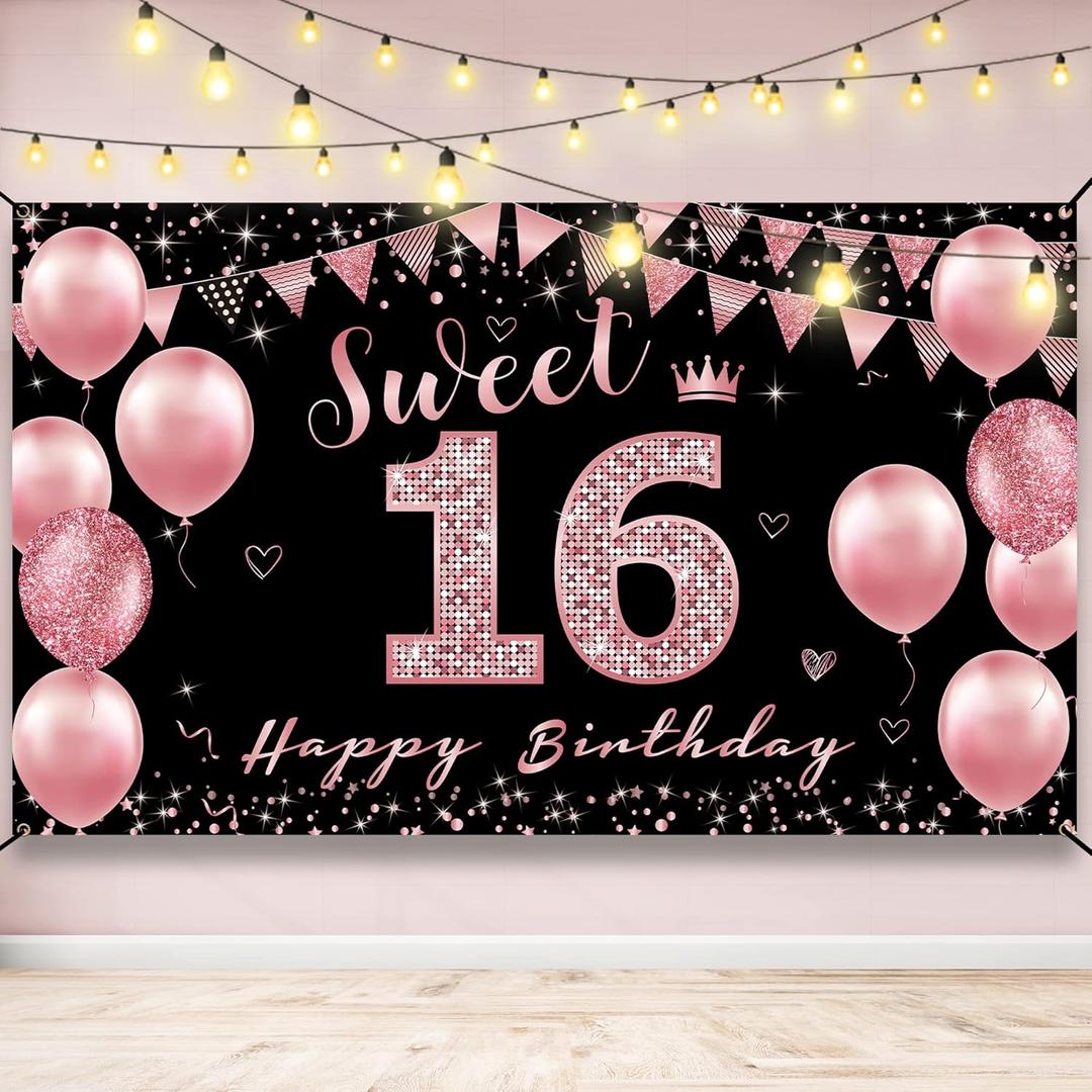 Sweet 16 Birthday Decorations Backdrop Banner, Happy 16th Birthday Decorations for Girls, Rose Gold Pink Sweet Sixteen Party Decoration, Sweet 16 Yard Sign Photo Props for Outdoor Indoor, Vicycaty