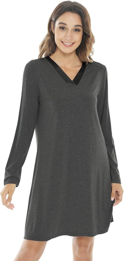 NACHILA Nightgowns for Women-Viscose Made from Bamboo,Long Sleeve Night Shirt Soft Sleepshirt Satin V Neck Sleepwear (Medium, B-charcoal Heather) NACHILA Nightgowns for Women-Viscose Made from Bamboo,Long Sleeve Night Shirt Soft Sleepshirt Satin V Neck Sleepwear (Medium, B-charcoal Heather)
