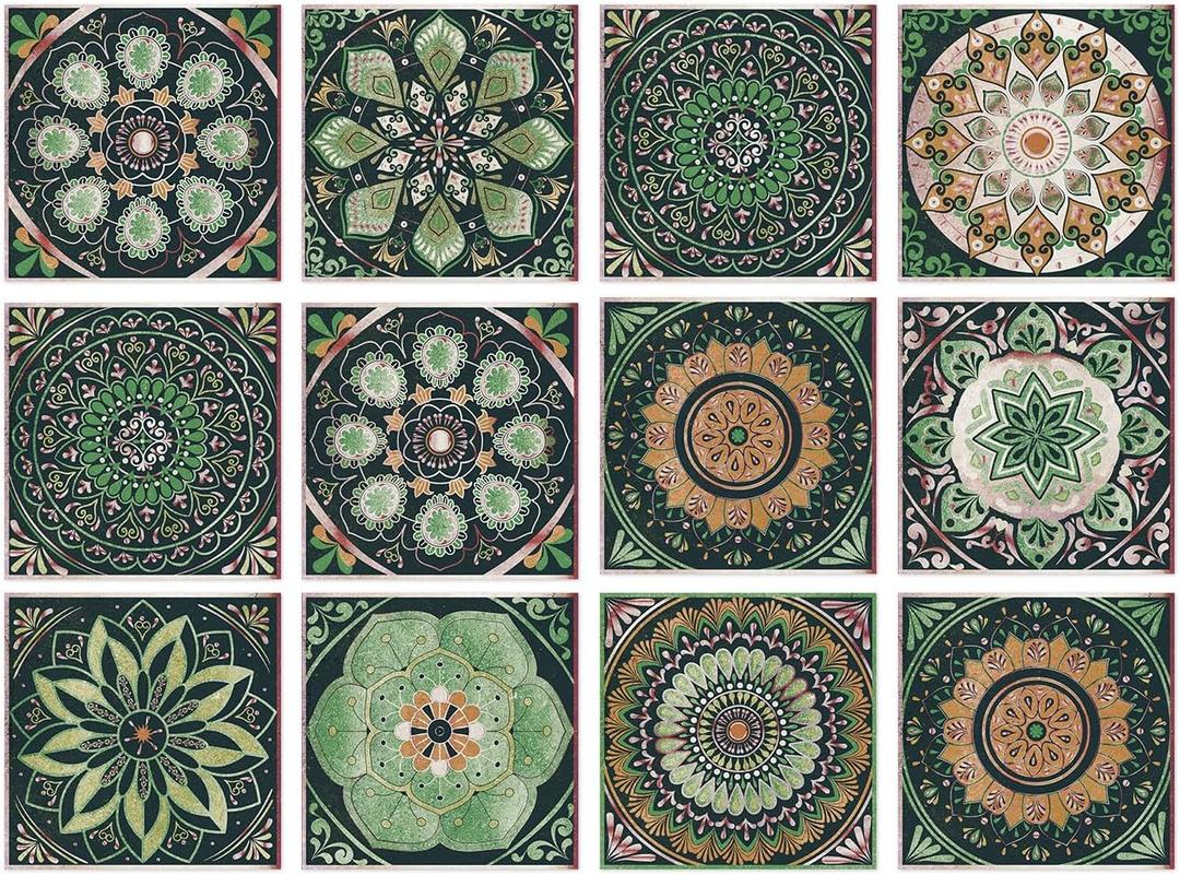 6x6 in Green Backsplash Tile Stickers Peel and Stick,Mandala Pattern Tile Decals Decor Kitchen Bathroom Laundry Furniture Vanity (Multi Color (Green Main Color))