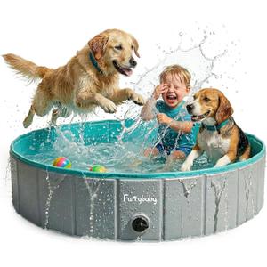 Furrybaby Dog Pool, Kiddie Pool Hard Plastic Foldable Dog Pools for Large Dogs Portable Pet Doggie Wading Swimming (Grey 47'') Indoor and Outdoor