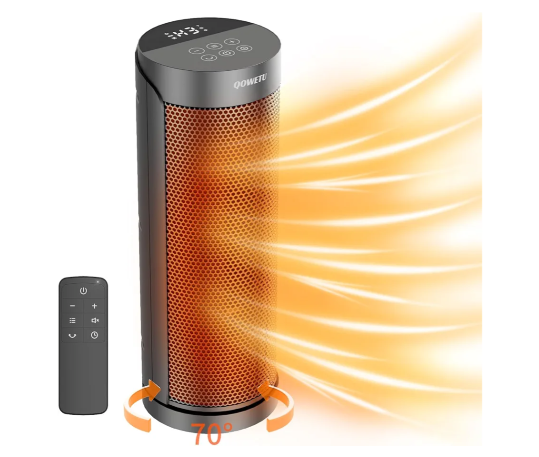 Portable Space Heater for Indoor Use with Remote  QOWETU 70° Oscillating Electric Heater, 17 Inchs, 12H Timer, 1500W Quiet PTC Ceramic Heating with Thermostat, Fast Safety Heat for Home, Bedroom
