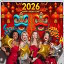 2026 Happy Chinese New Year Backdrop 8x6ft Chinese Lion Dance Red Lantern Palace Banner Photography Background for Lunar New Year Party Decoration Spring Festival Celebration Photo Booth