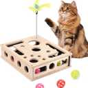 Cat Toys for Indoor Cats - Interactive Box Puzzle Toy Nail File Scratcher Hunting Play Toy with 3 Jingle Balls & 1 Feather Wand, Wooden Puzzle Treat Toy Box Energize Cat Instincts for Bored Cats