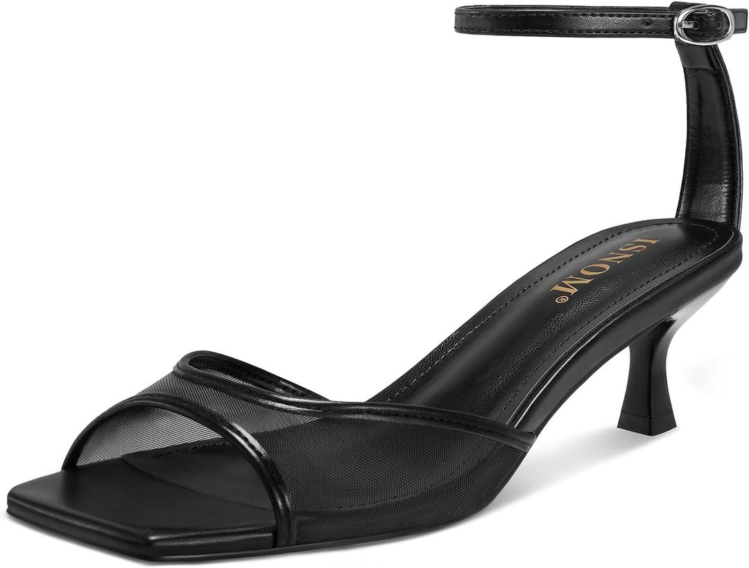 ISNOM Womens Mesh Kitten Heels Sandals Square Toe Ankle Buckle Strap Low Heels Comfort Summer Dress Shoes (Black)