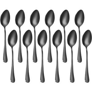 Black Spoons silverware teaspoons set of 12 dessert spoon 6.6inch Food-Grade stainless steel kitchen, dinner spoons(6.6inch spoons set (12 Piece))