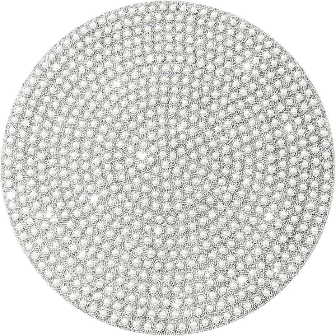 Pearl Round Placemat, 15-inch Anti-Slip Tablescapes Decorations Sparkling Bling Rhinestones Silver Placemat for Nightstand Tablecloths Centerpiece Standing T-Lights Candles Vases Mat (1PCS)