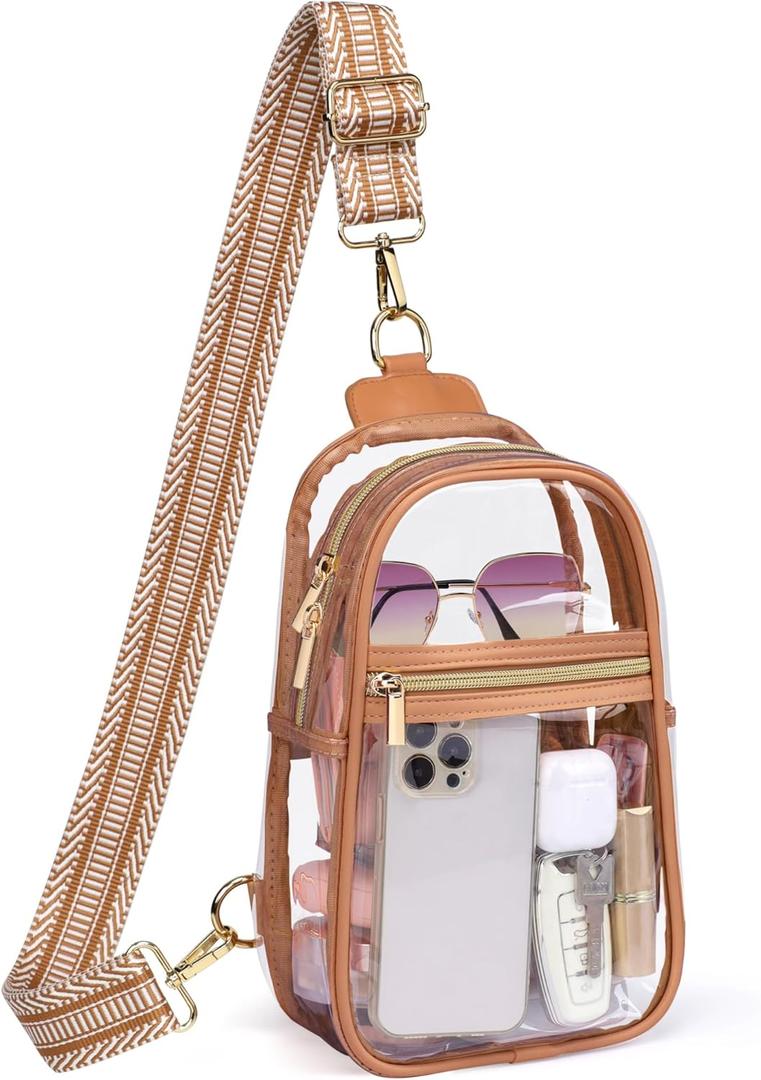 PACKISM Clear Bag for Stadium Events - Clear Crossbody Bag for Women Stadium Bag Sling Bag for Concert Sport Detachable Strap (05_Striped Brown)
