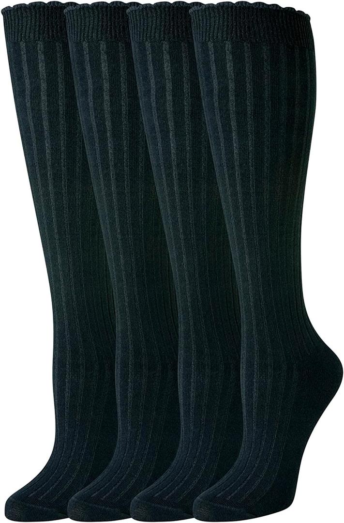 Amazon Essentials Women's Comfortable Casual Cotton Knee High Socks with Scallop Detail, 4 Pairs, Black, 6-9