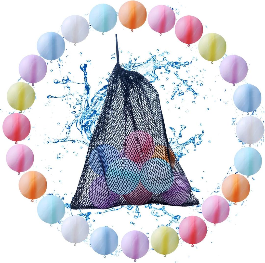 24 Pack Reusable Water Balloons Pool Water Balls Latex-Free Soft Silicone Water Splash Ball with Portable Mesh Bag Summer Outdoor Beach Play Pool Party Backyard Fun Water Toys