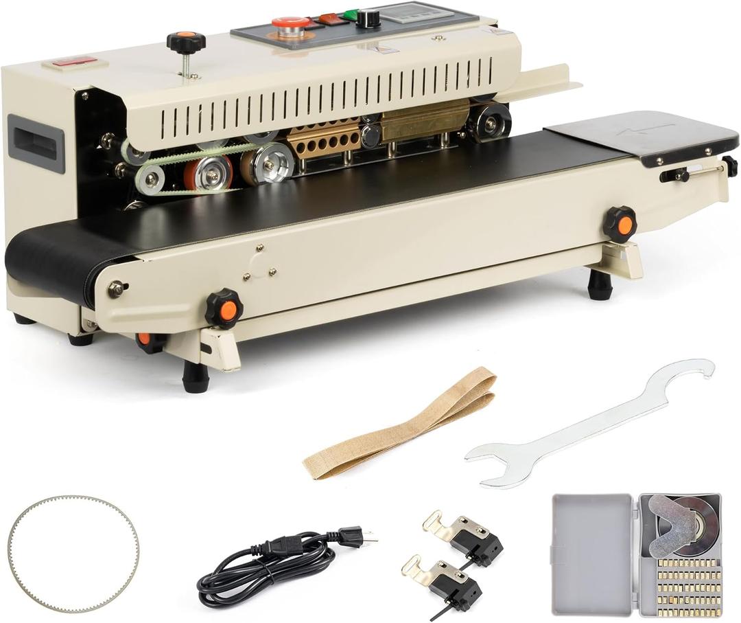 U.S. Solid Continuous Band Sealer with Date Coder & Counter, Automatic Horizontal Bag Sealing Machine for Coffee, Food, PVC & Mylar Bags, Digital Temp Control, 13mm, 0-16 m/min, 110V/60Hz, 0.02-0.1mm
